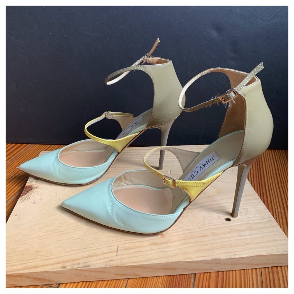 Jimmy Choo Pastel Blue and Yellow Leather Pointed-Toe Heels